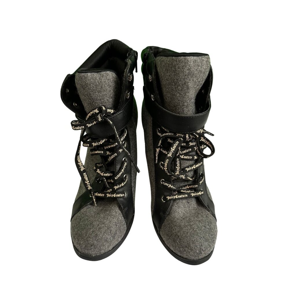 Juicy Couture Lace Up Wedge Ankle Boots Gray Felt & Black Leather Women's Bootie